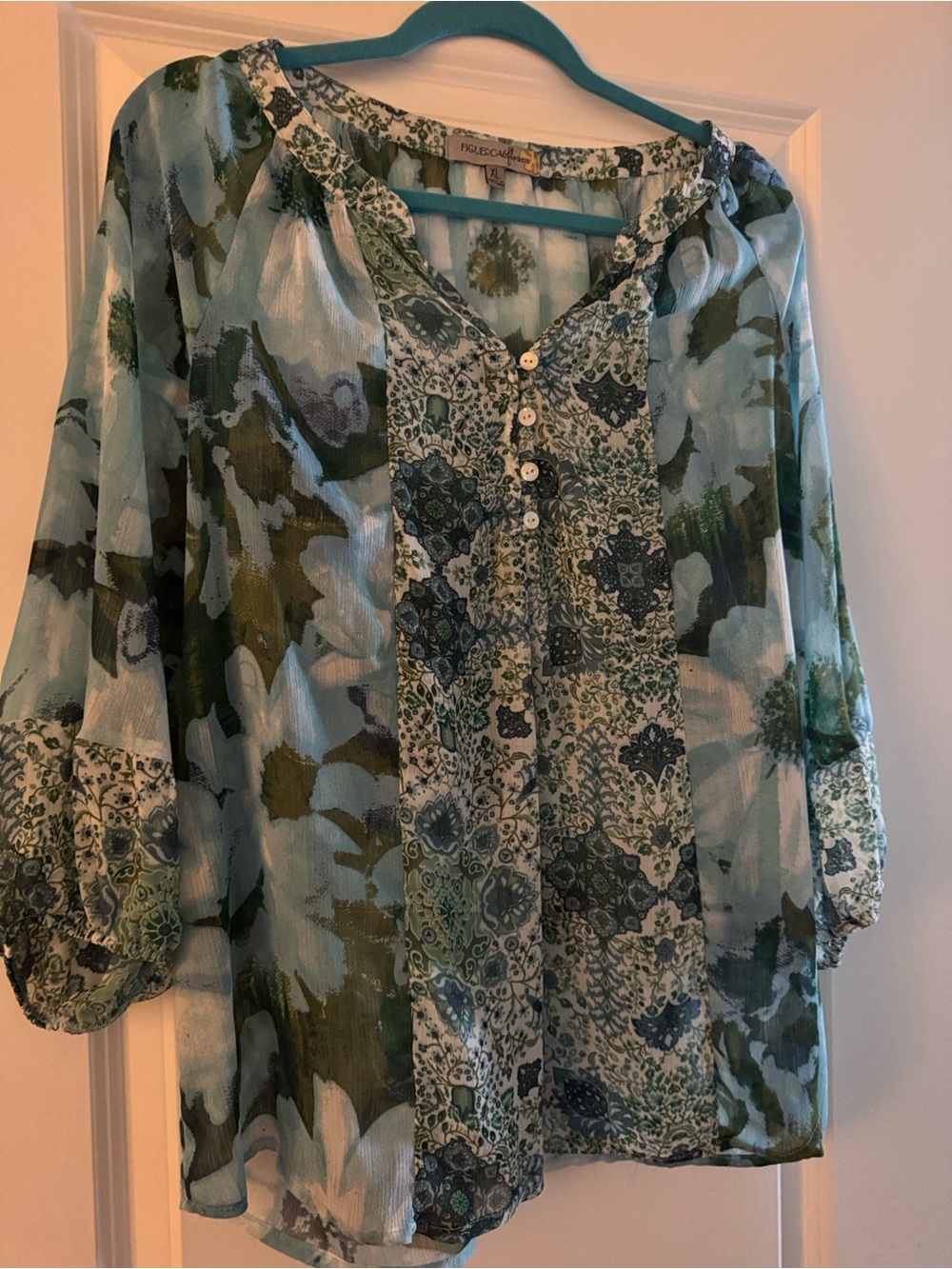 Figueroa & Flower XL NWOT Blue Green Floral Patchwork Peasant Tunic